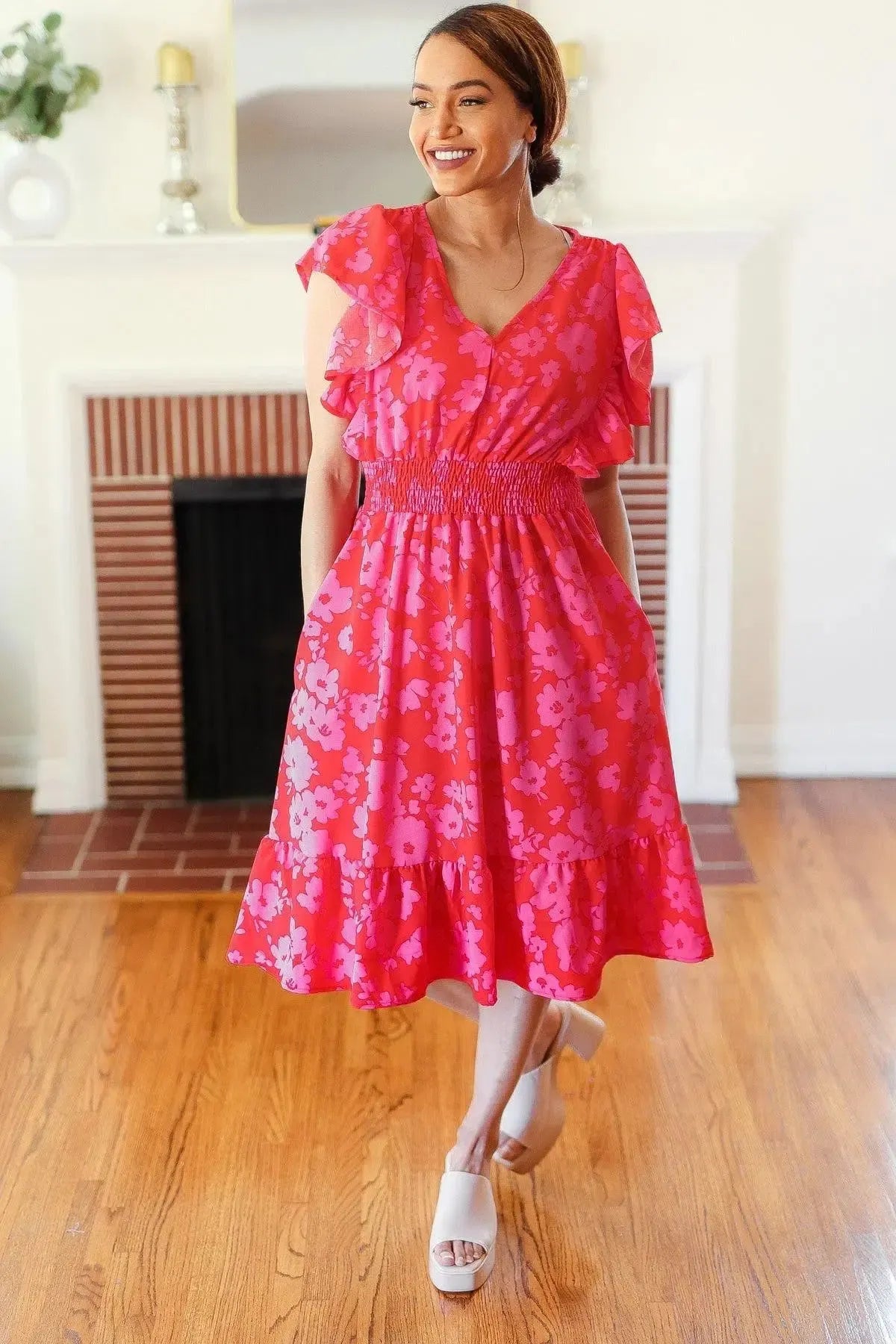 Remember Me Red & Pink Floral Print Smocked Waist Midi Dress-Evelyns Fashion