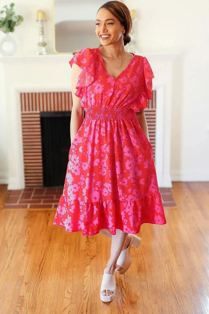 Remember Me Red & Pink Floral Print Smocked Waist Midi Dress-Evelyns Fashion