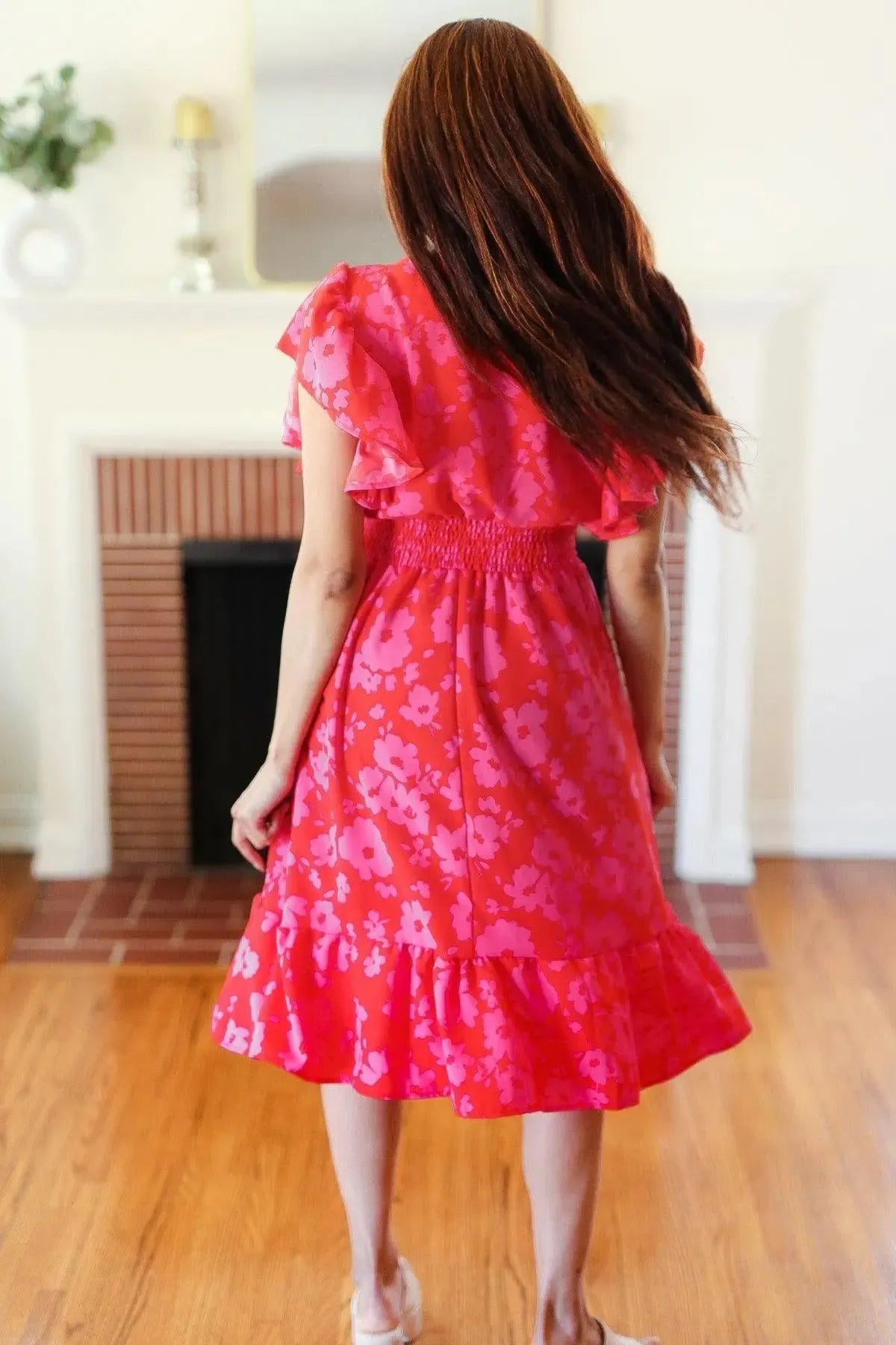 Remember Me Red & Pink Floral Print Smocked Waist Midi Dress-Evelyns Fashion