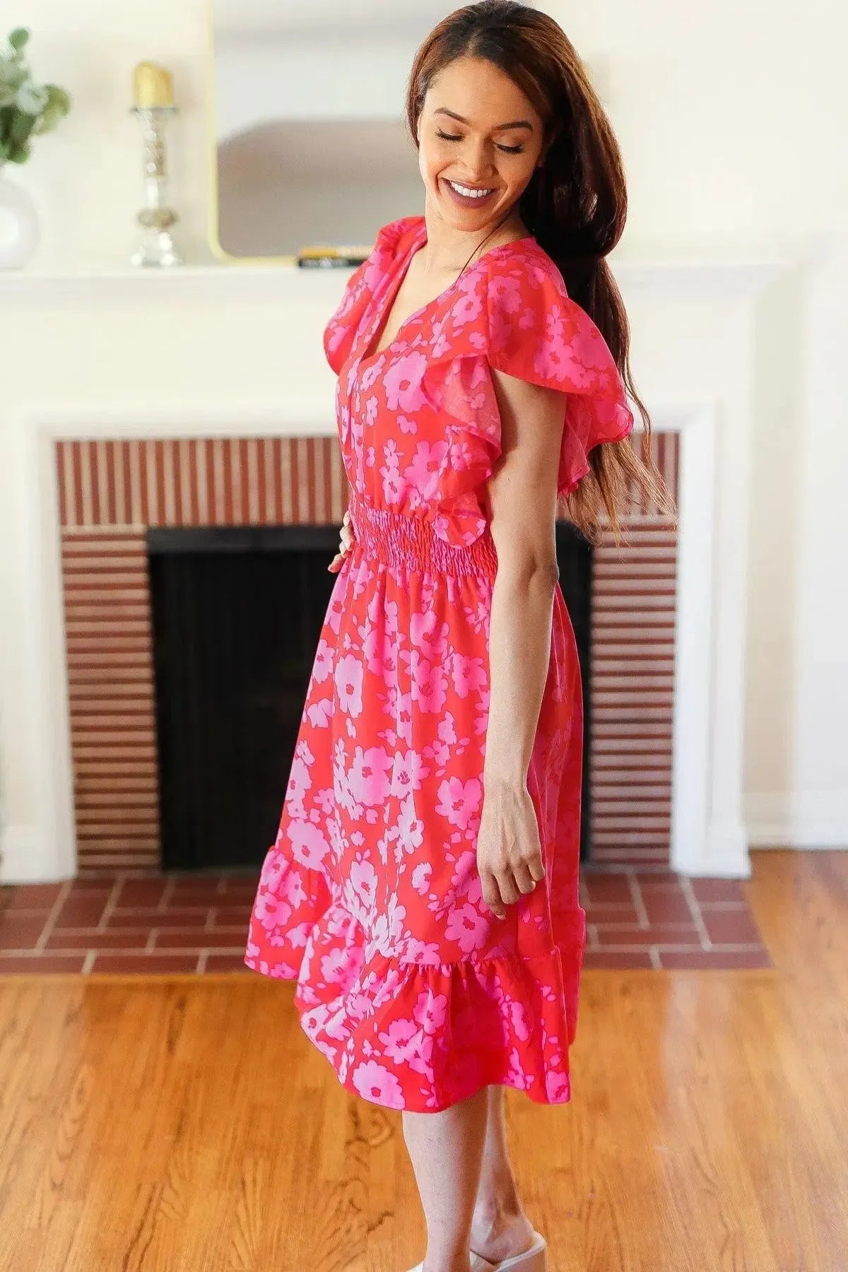 Remember Me Red & Pink Floral Print Smocked Waist Midi Dress-Evelyns Fashion