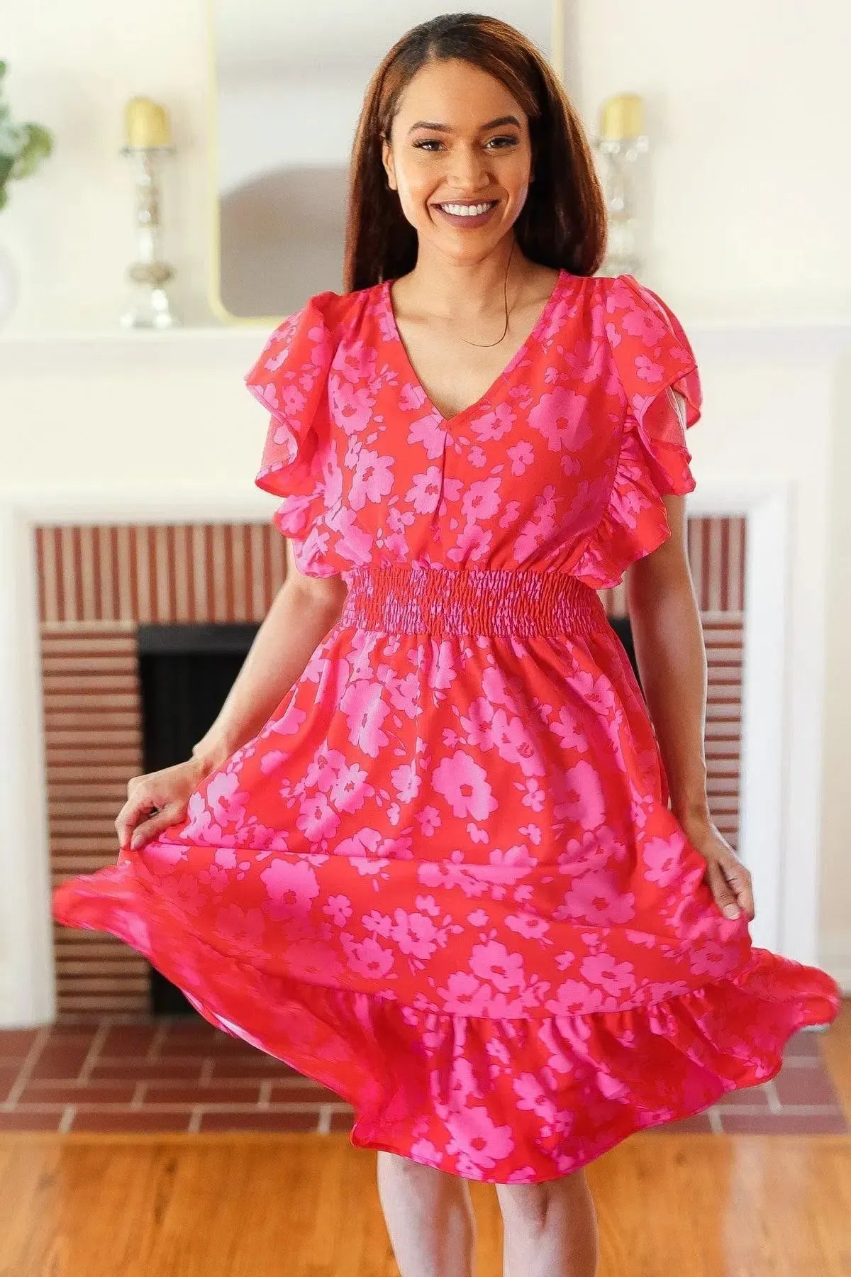 Remember Me Red & Pink Floral Print Smocked Waist Midi Dress-Evelyns Fashion