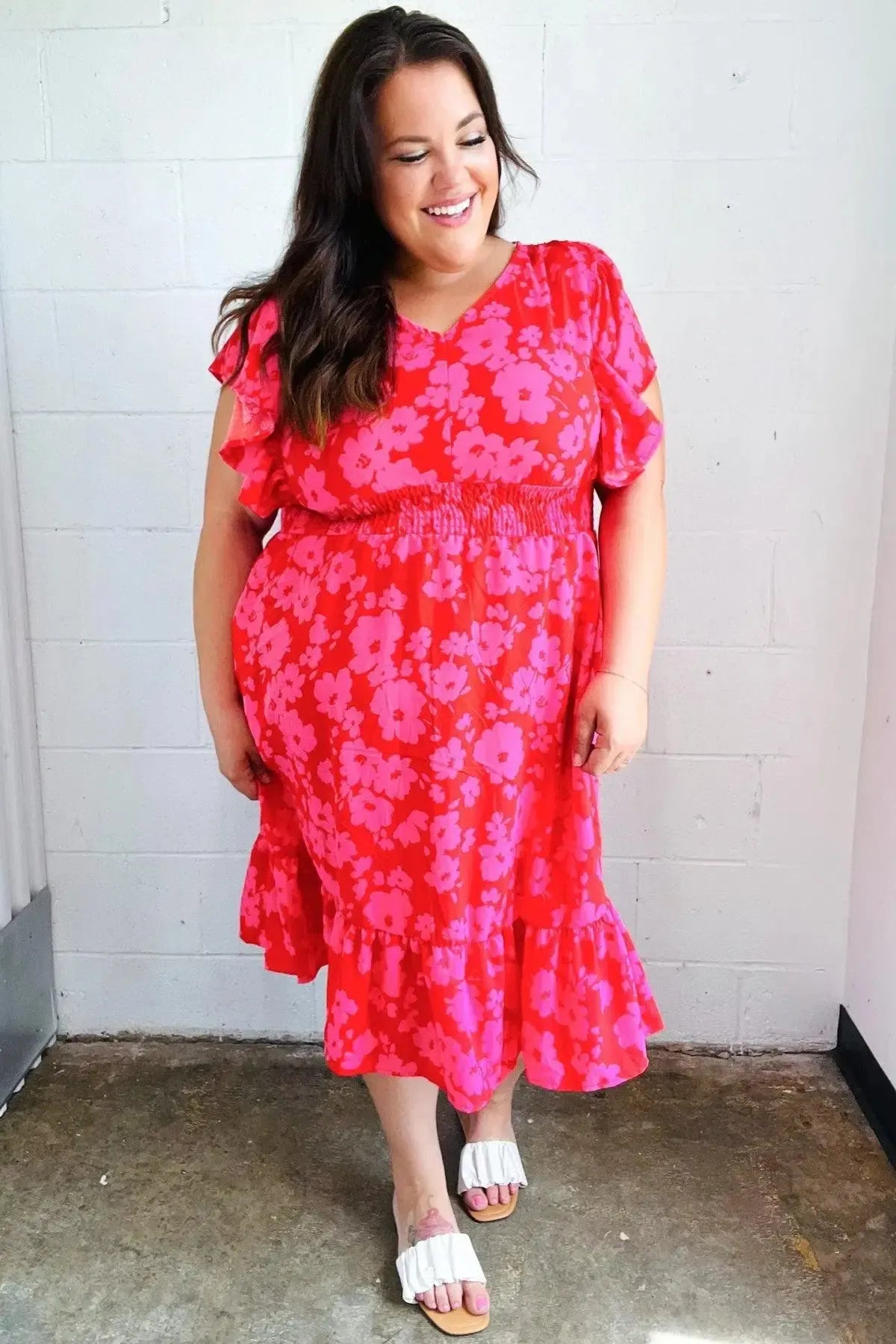Remember Me Red & Pink Floral Print Smocked Waist Midi Dress-Evelyns Fashion