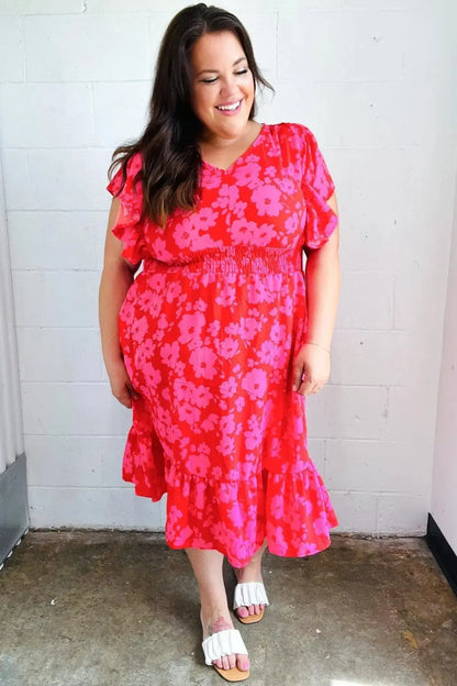 Remember Me Red & Pink Floral Print Smocked Waist Midi Dress-Evelyns Fashion
