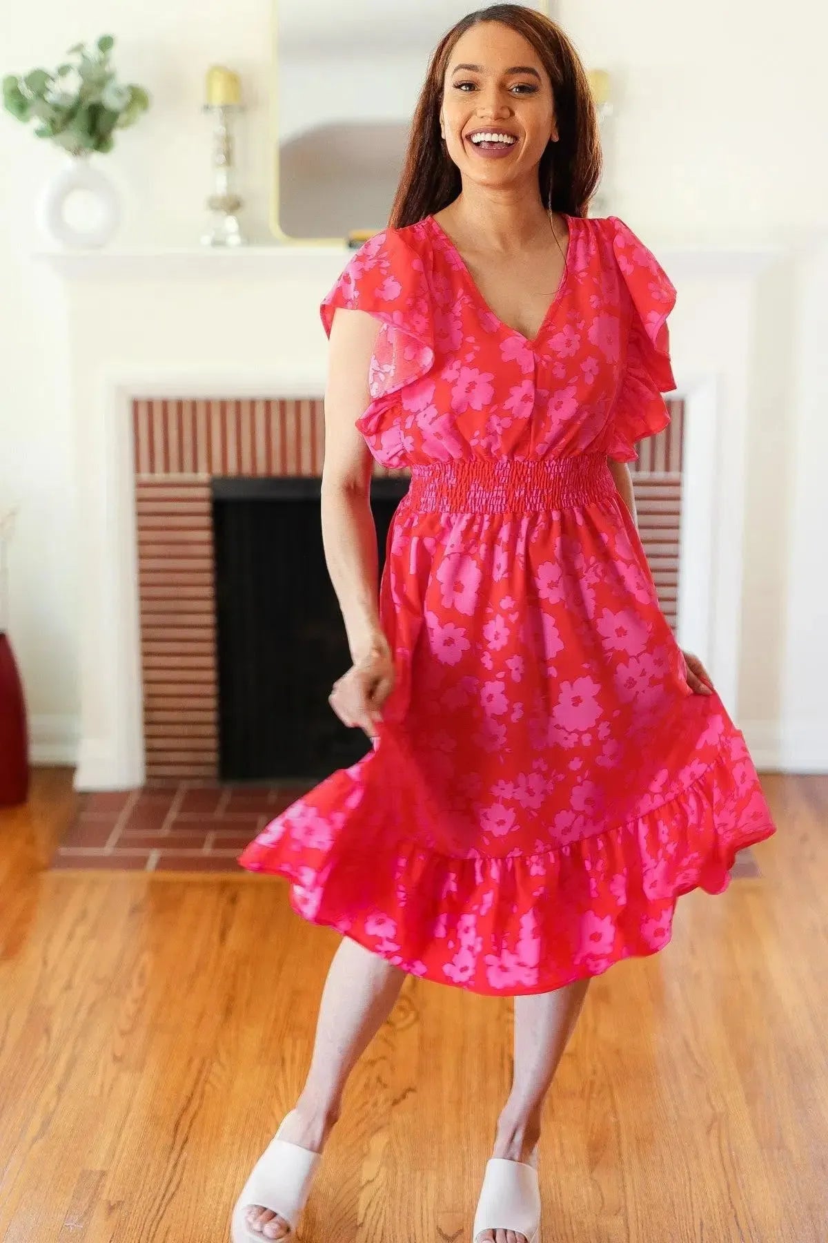 Remember Me Red & Pink Floral Print Smocked Waist Midi Dress-Evelyns Fashion