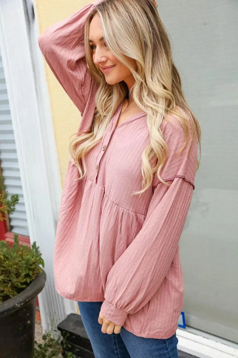 Rose Button Detail Babydoll Outseam Bubble Sleeve Top-Evelyns Fashion