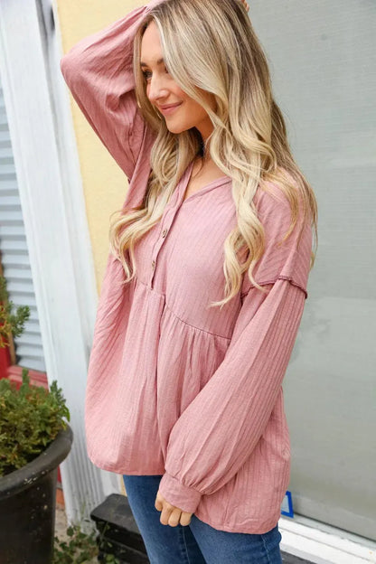 Rose Button Detail Babydoll Outseam Bubble Sleeve Top-Evelyns Fashion