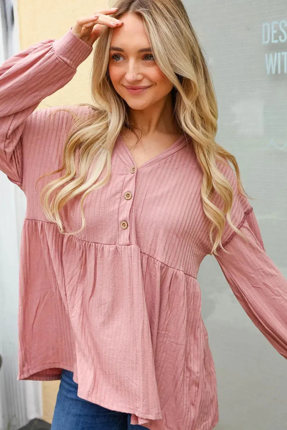 Rose Button Detail Babydoll Outseam Bubble Sleeve Top-Evelyns Fashion