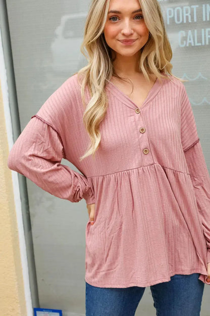 Rose Button Detail Babydoll Outseam Bubble Sleeve Top-Evelyns Fashion