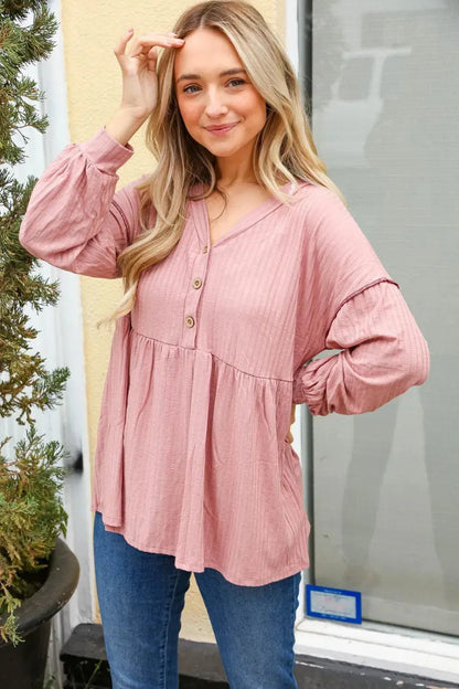 Rose Button Detail Babydoll Outseam Bubble Sleeve Top-Evelyns Fashion