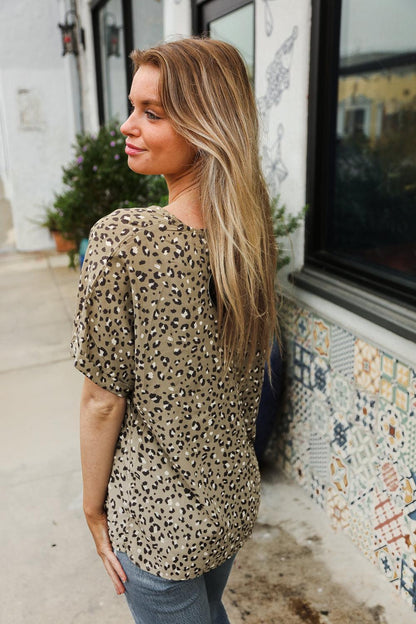 Sage Animal Print Dolman Top-Blouses-Evelyns Fashion