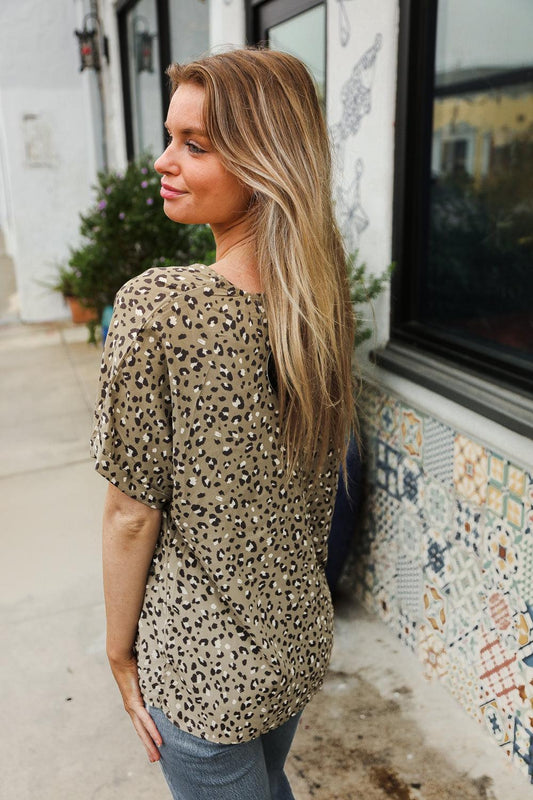 Sage Animal Print Dolman Top-Blouses-Evelyns Fashion
