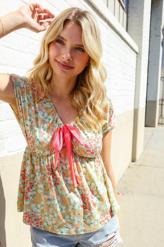 Sage Floral Bow Tie Top-Blouses-Evelyns Fashion