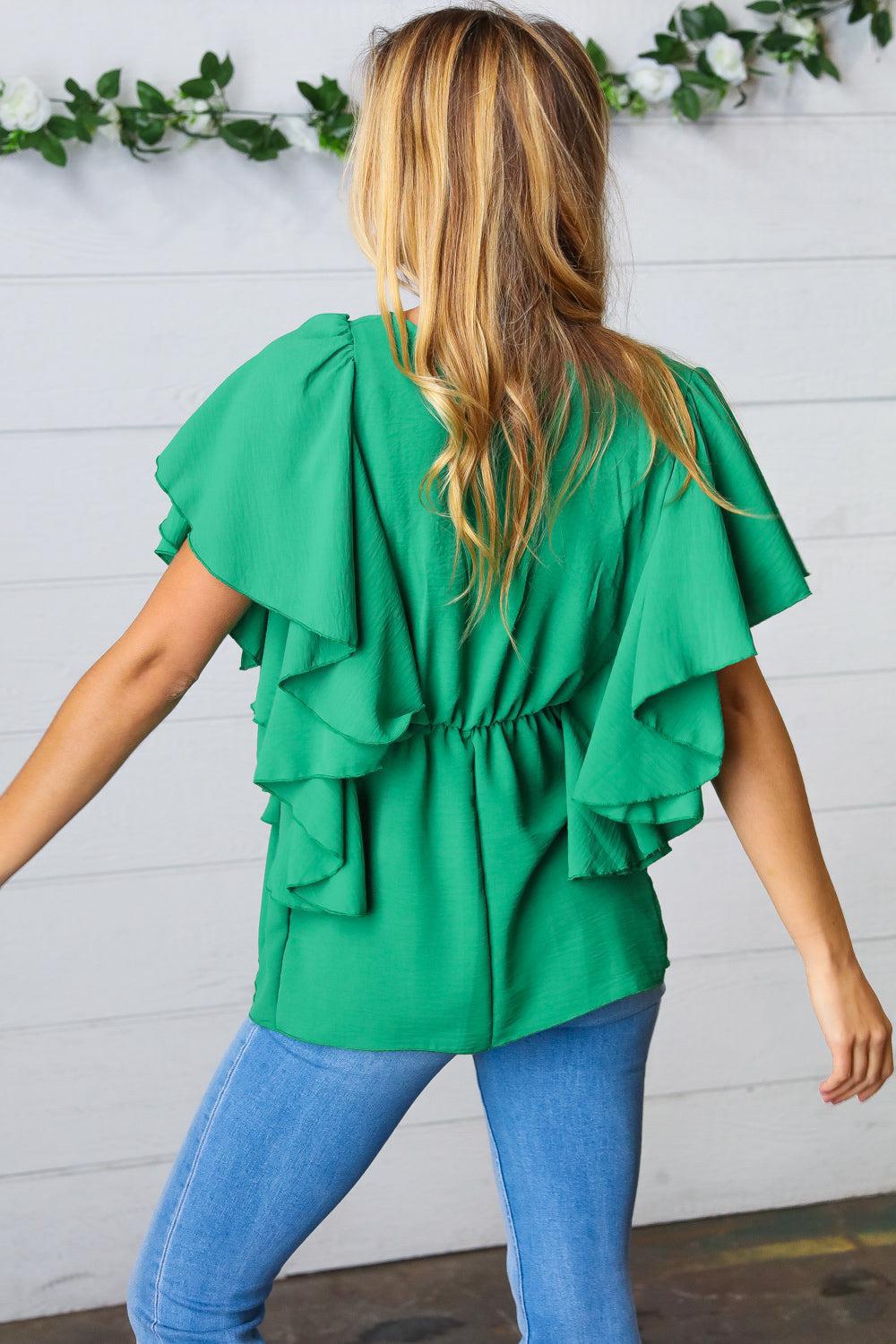Sea Green Button Ruffle Woven Top-Evelyns Fashion