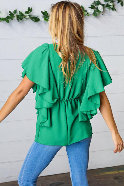 Sea Green Button Ruffle Woven Top-Evelyns Fashion
