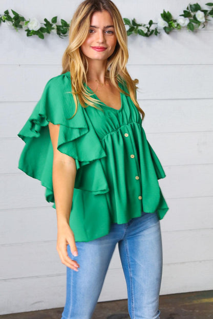 Sea Green Button Ruffle Woven Top-Evelyns Fashion