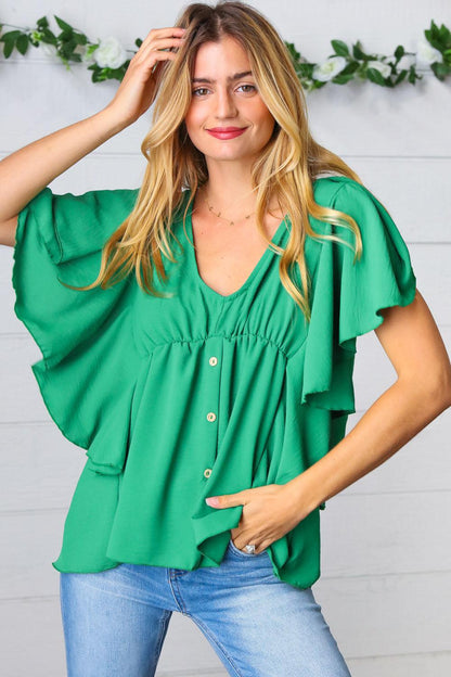 Sea Green Button Ruffle Woven Top-Evelyns Fashion