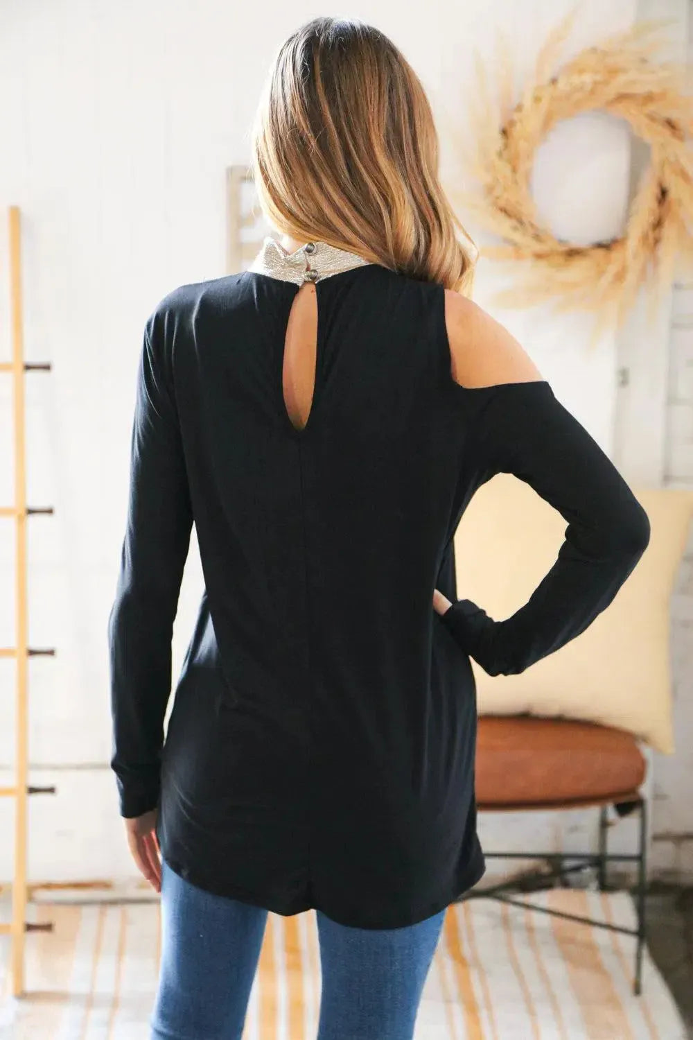 Shimmer Foil Neck Band Cold Shoulder Holiday Top-Evelyns Fashion