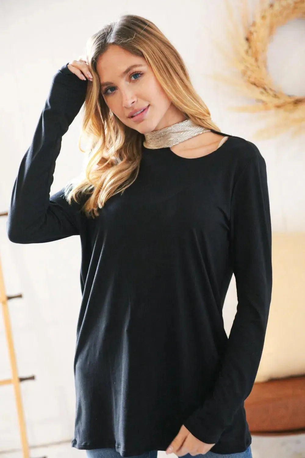 Shimmer Foil Neck Band Cold Shoulder Holiday Top-Evelyns Fashion