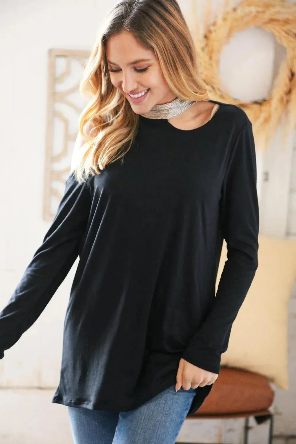 Shimmer Foil Neck Band Cold Shoulder Holiday Top-Evelyns Fashion