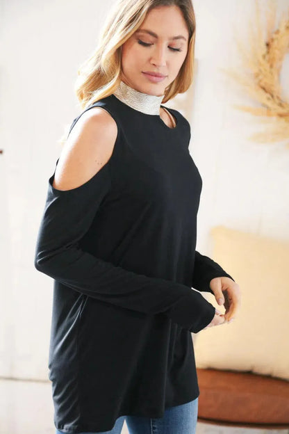 Shimmer Foil Neck Band Cold Shoulder Holiday Top-Evelyns Fashion