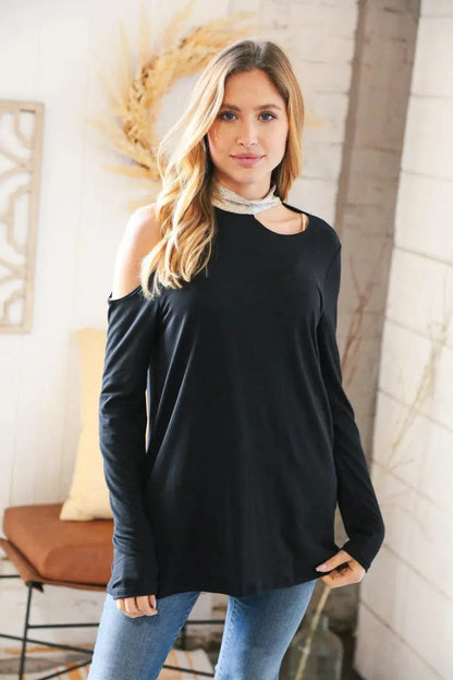 Shimmer Foil Neck Band Cold Shoulder Holiday Top-Evelyns Fashion