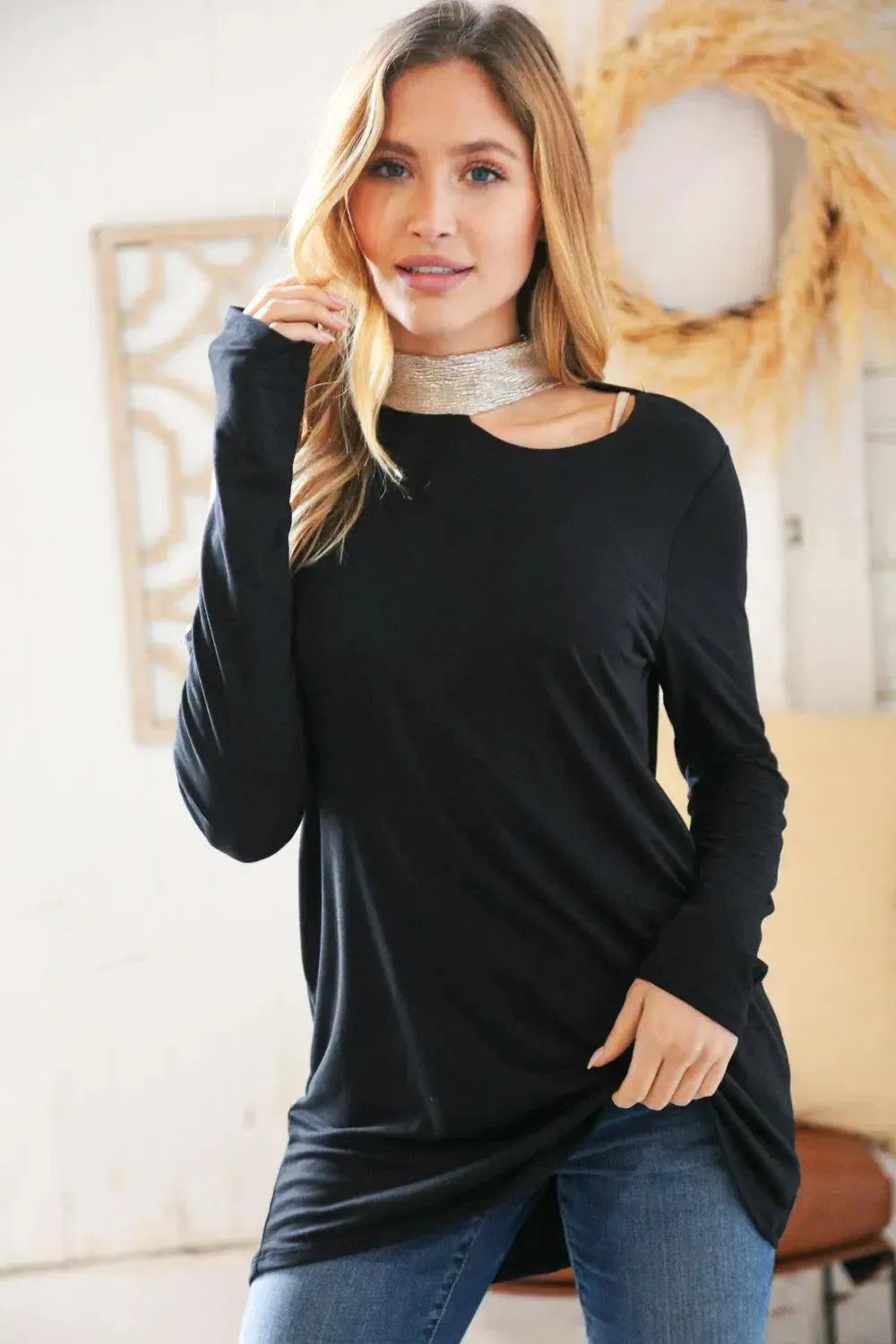 Shimmer Foil Neck Band Cold Shoulder Holiday Top-Evelyns Fashion
