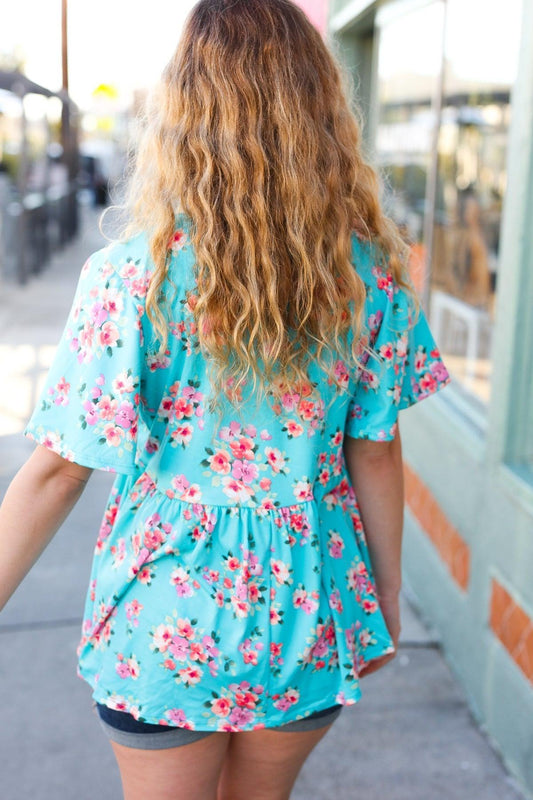 Sky Blue Three-Quarter Sleeve Floral Peplum Babydoll Top – Chic & Flowy Blouse-Evelyns Fashion