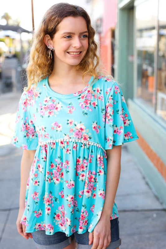 Sky Blue Three-Quarter Sleeve Floral Peplum Babydoll Top – Chic & Flowy Blouse-Evelyns Fashion