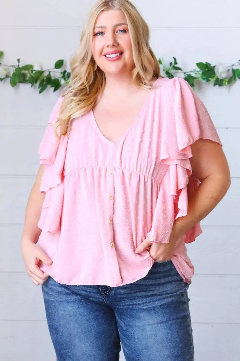 Soft Pink Swiss Dot Ruffle Woven Top-Evelyns Fashion