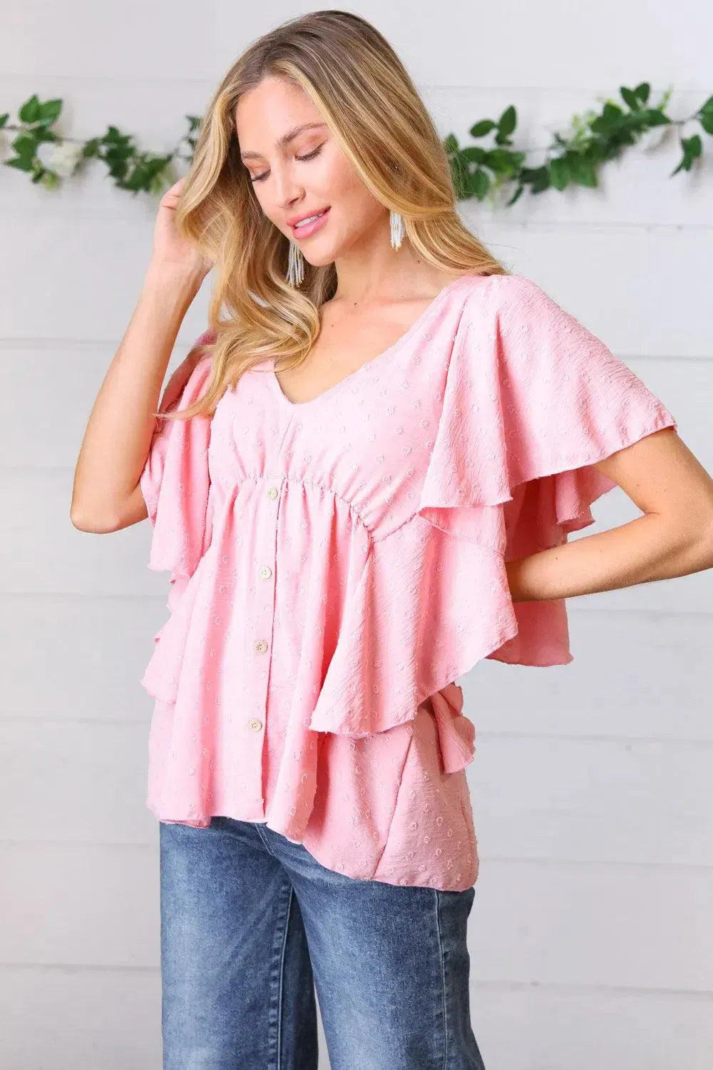 Soft Pink Swiss Dot Ruffle Woven Top-Evelyns Fashion