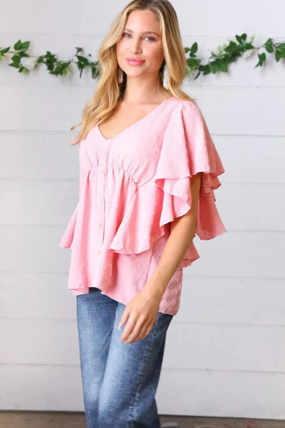 Soft Pink Swiss Dot Ruffle Woven Top-Evelyns Fashion