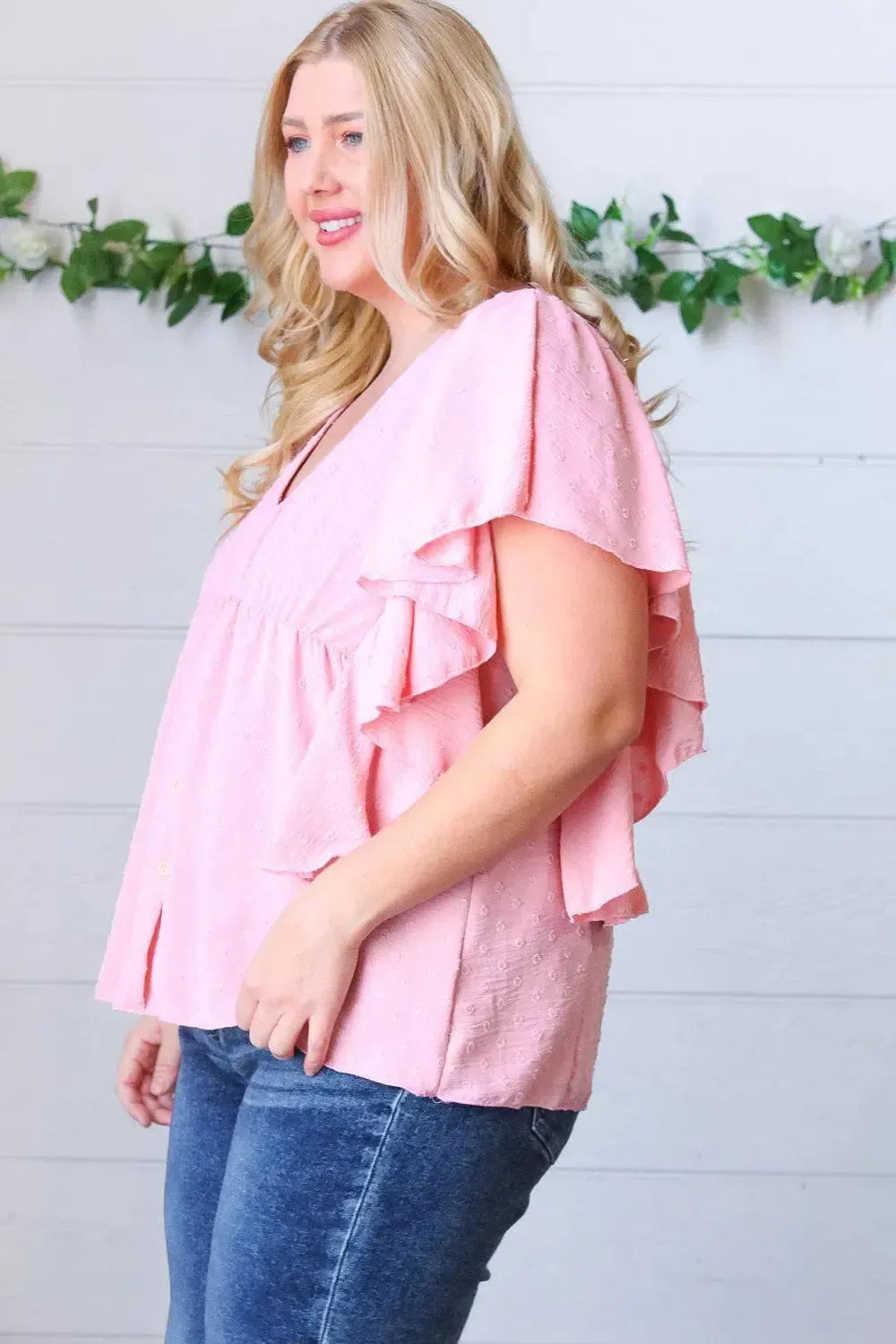 Soft Pink Swiss Dot Ruffle Woven Top-Evelyns Fashion