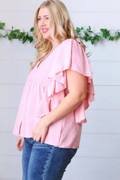 Soft Pink Swiss Dot Ruffle Woven Top-Evelyns Fashion