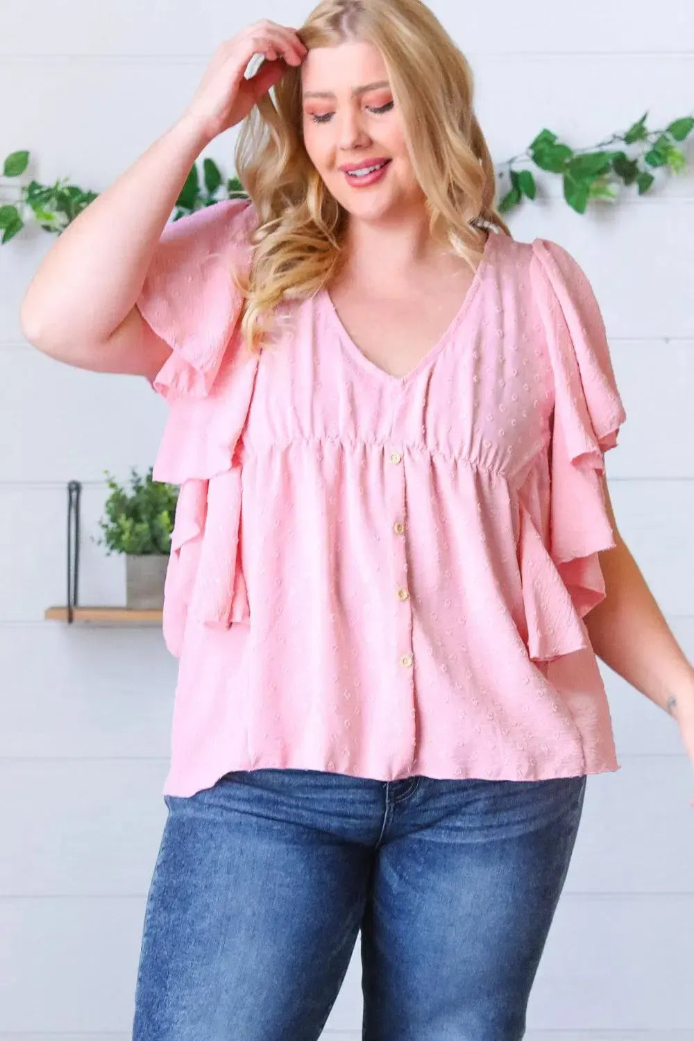 Soft Pink Swiss Dot Ruffle Woven Top-Evelyns Fashion