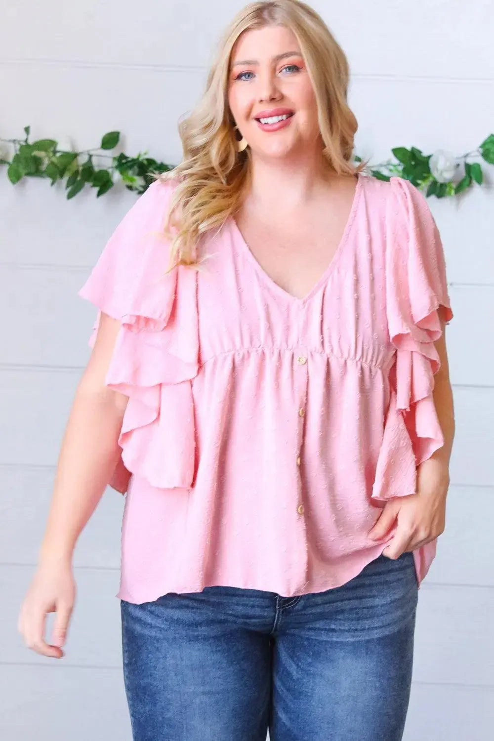 Soft Pink Swiss Dot Ruffle Woven Top-Evelyns Fashion