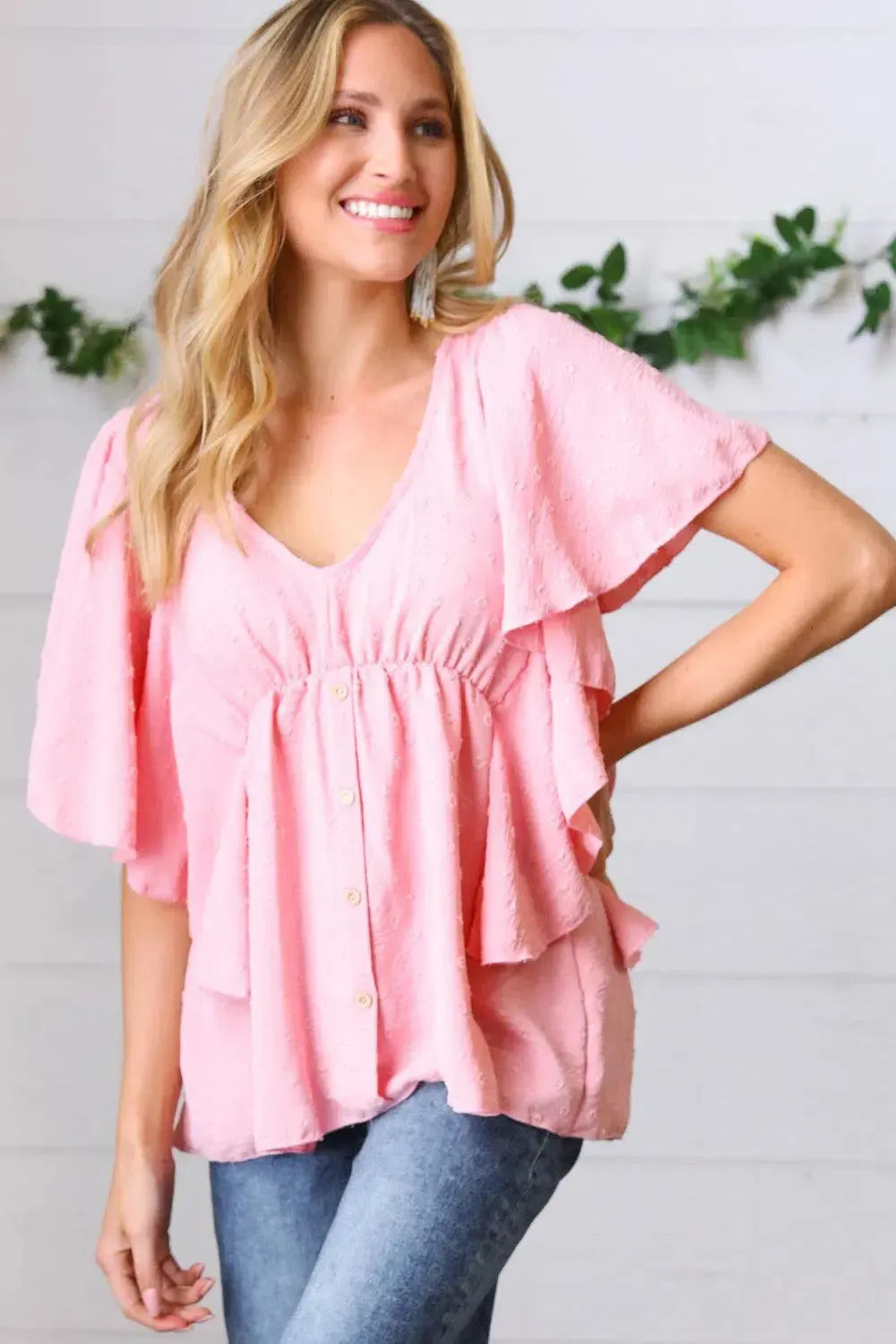 Soft Pink Swiss Dot Ruffle Woven Top-Evelyns Fashion