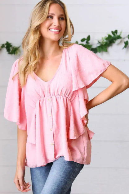 Soft Pink Swiss Dot Ruffle Woven Top-Evelyns Fashion