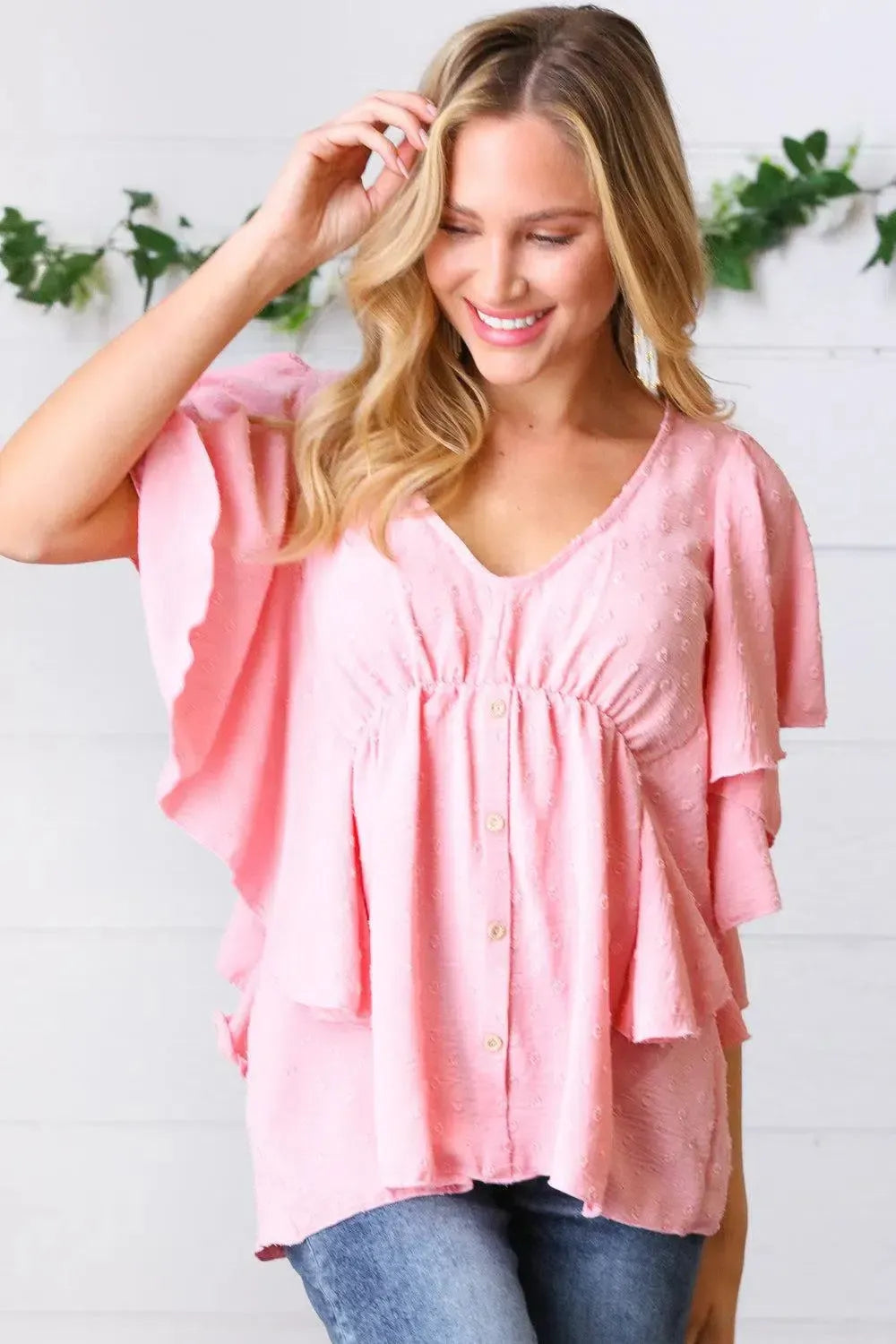 Soft Pink Swiss Dot Ruffle Woven Top-Evelyns Fashion