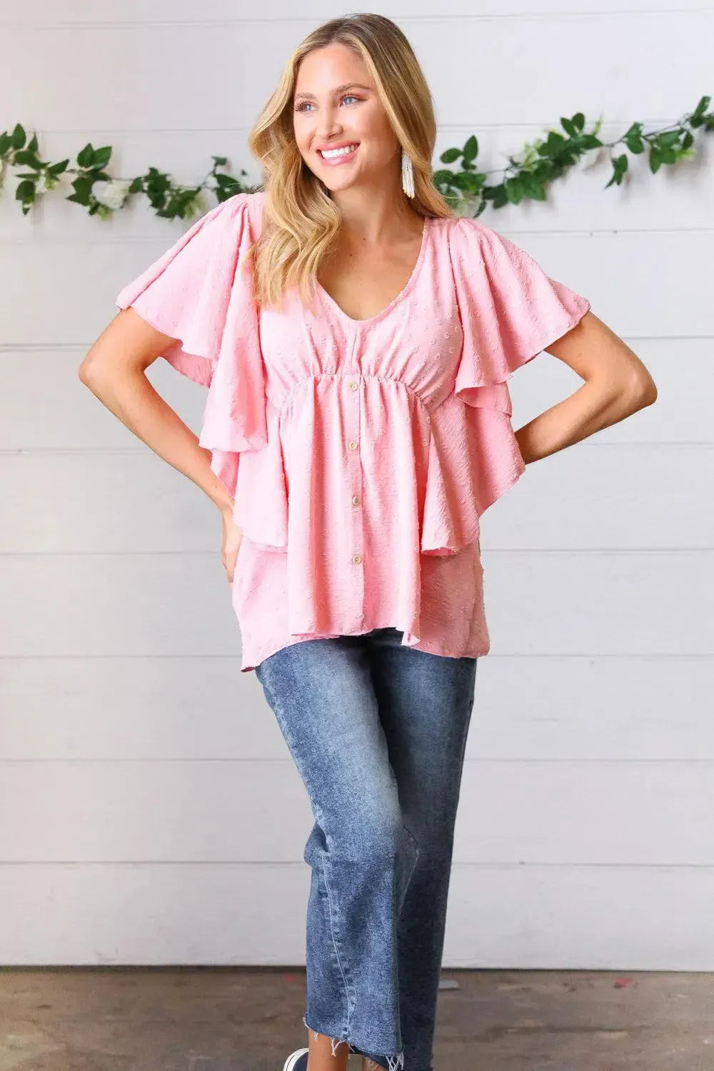 Soft Pink Swiss Dot Ruffle Woven Top-Evelyns Fashion