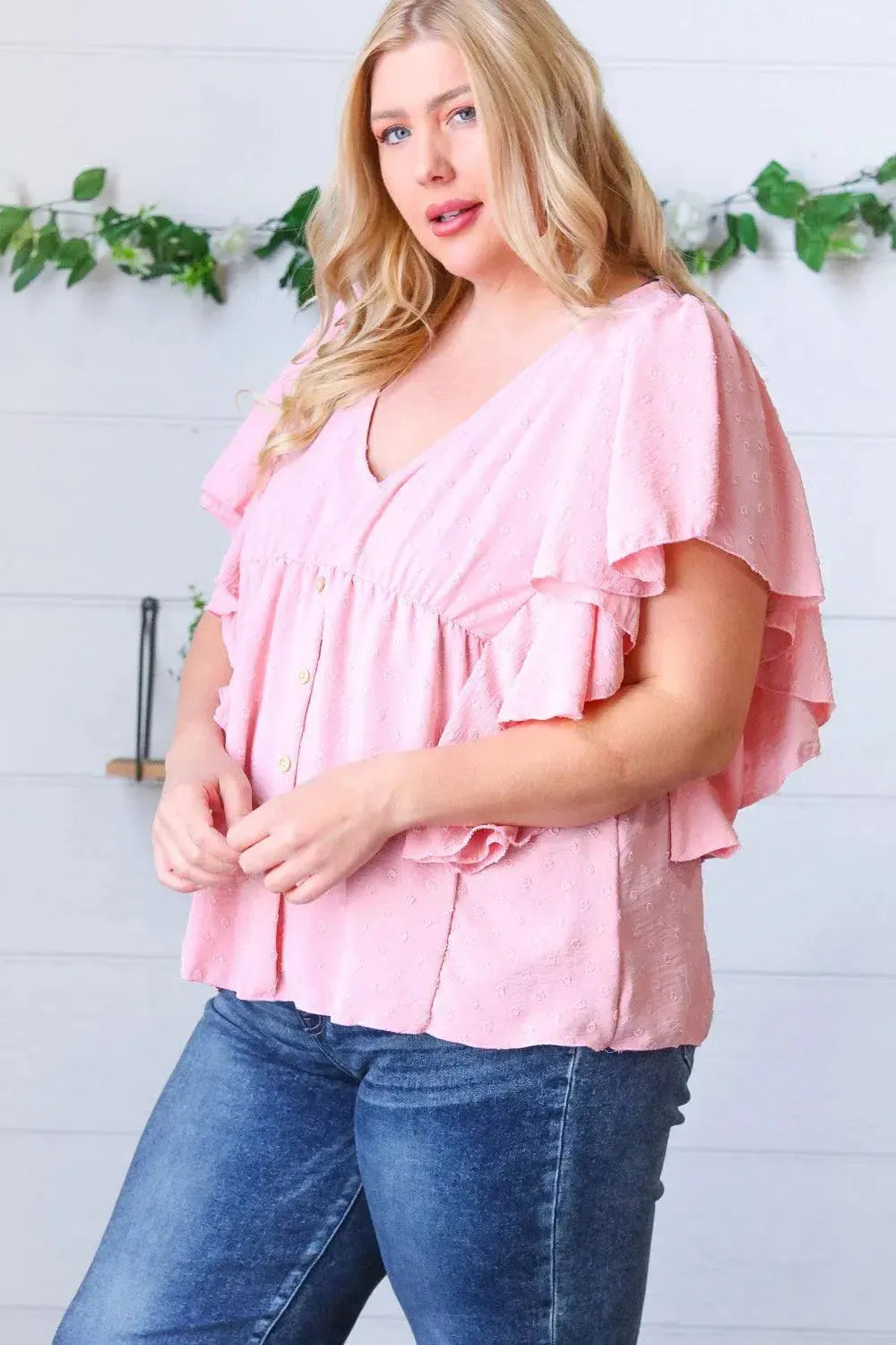 Soft Pink Swiss Dot Ruffle Woven Top-Evelyns Fashion