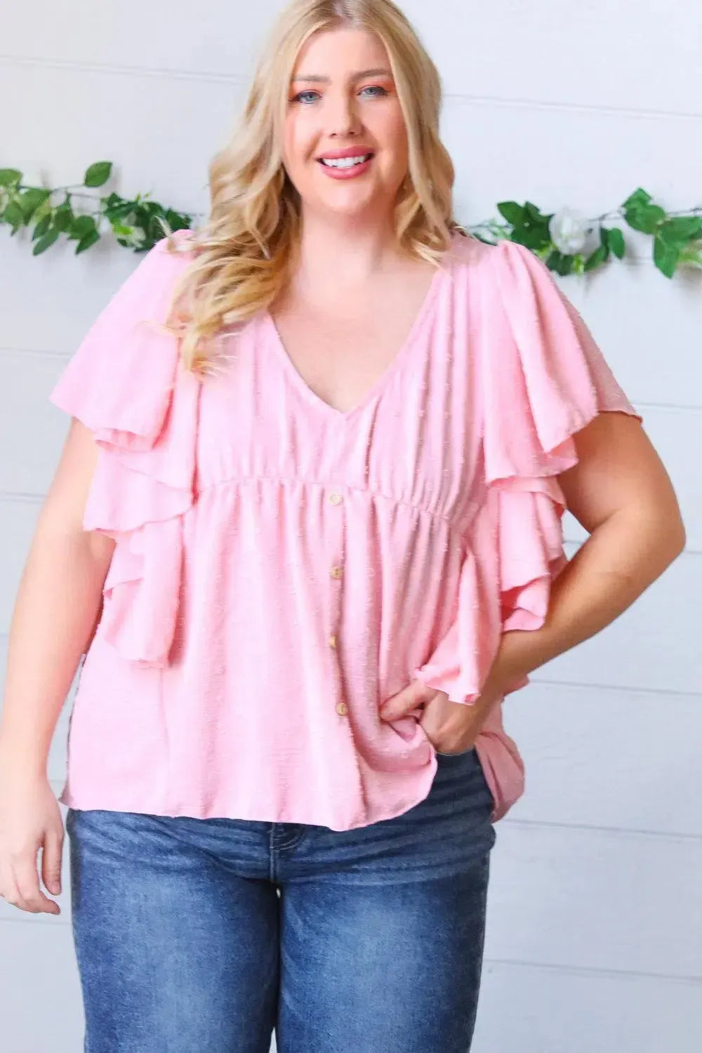 Soft Pink Swiss Dot Ruffle Woven Top-Evelyns Fashion