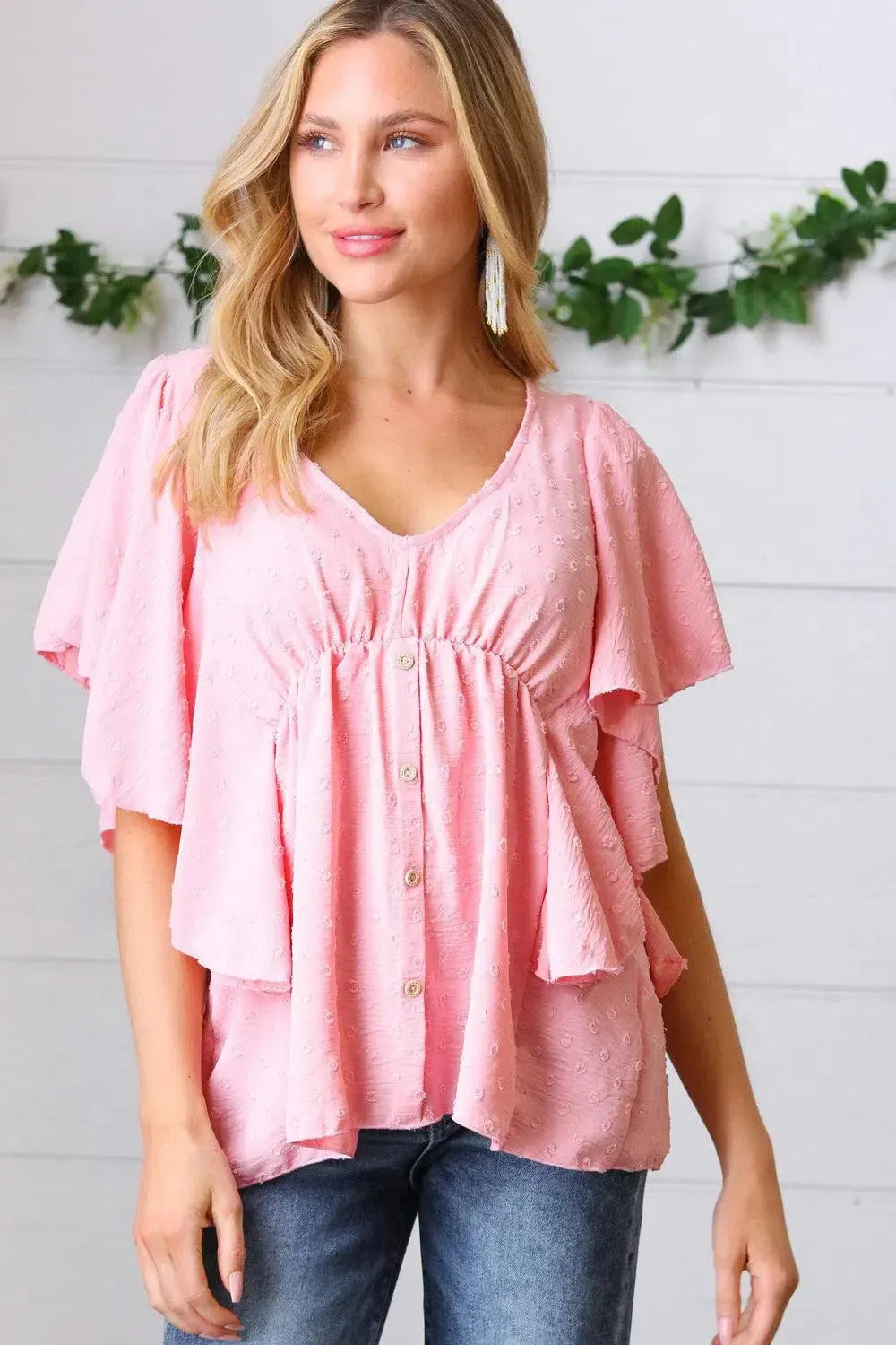 Soft Pink Swiss Dot Ruffle Woven Top-Evelyns Fashion