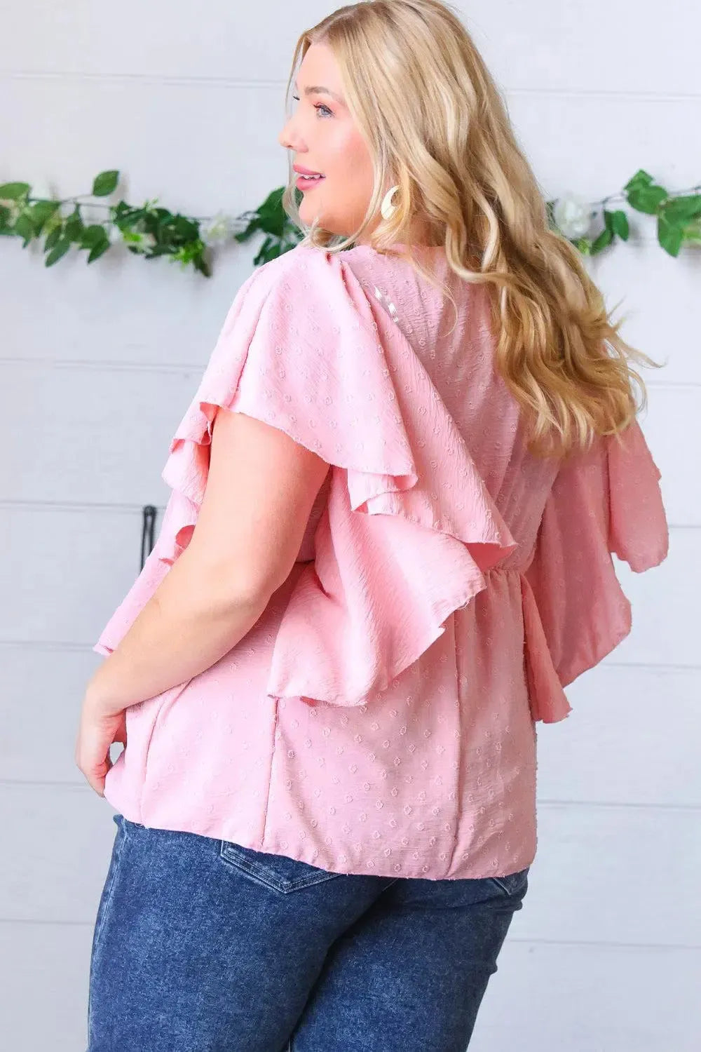 Soft Pink Swiss Dot Ruffle Woven Top-Evelyns Fashion