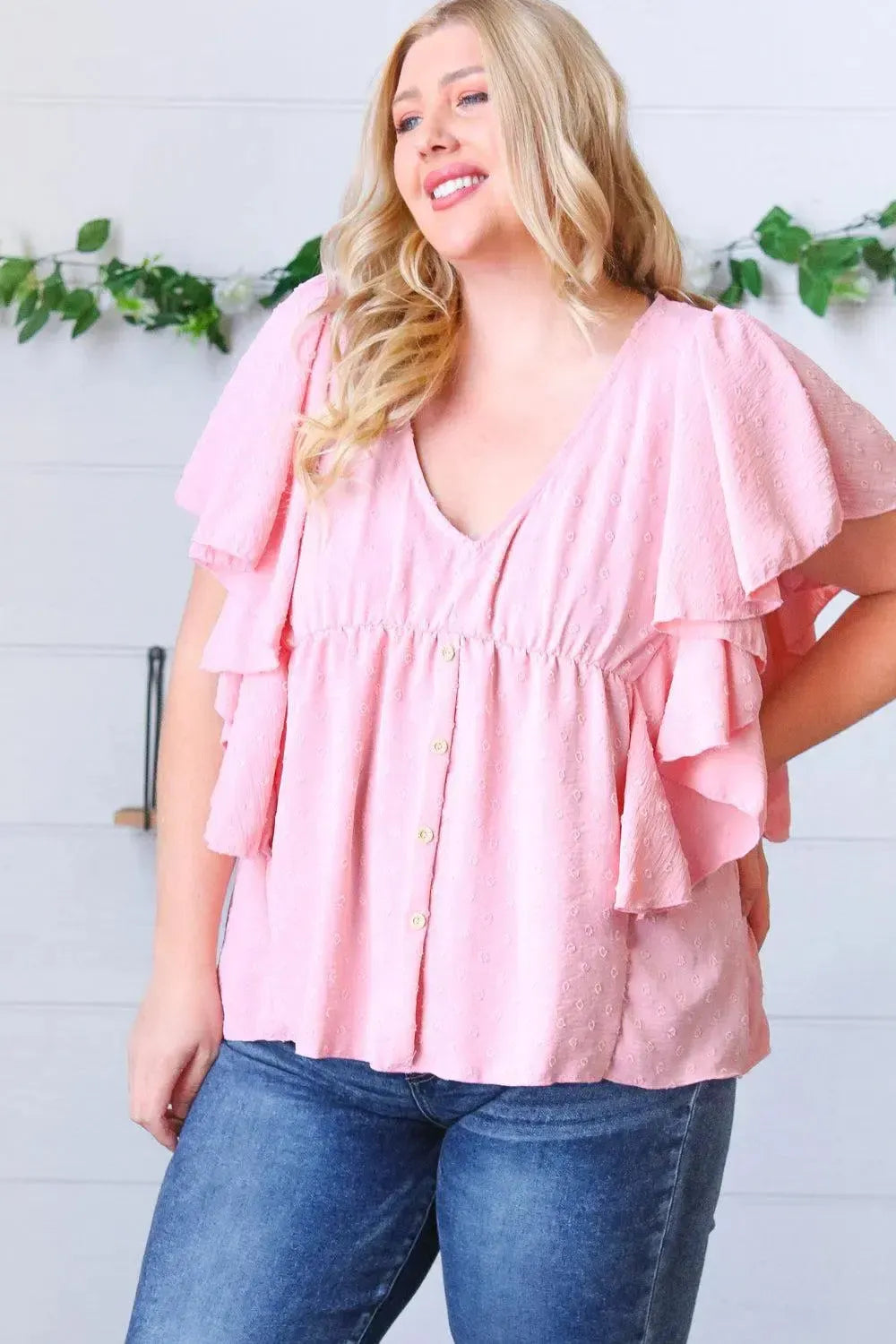 Soft Pink Swiss Dot Ruffle Woven Top-Evelyns Fashion
