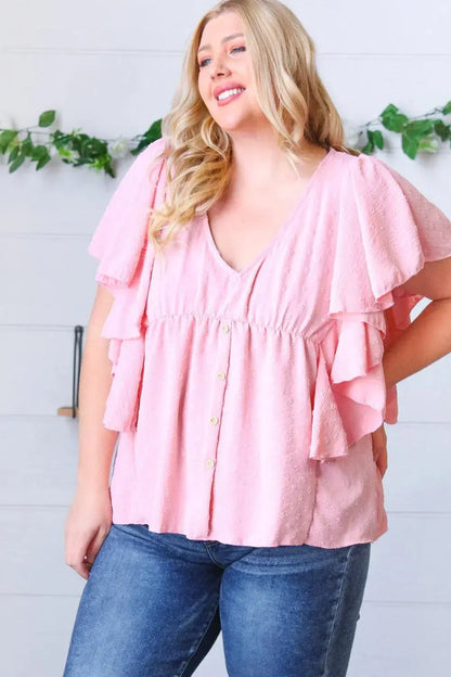 Soft Pink Swiss Dot Ruffle Woven Top-Evelyns Fashion