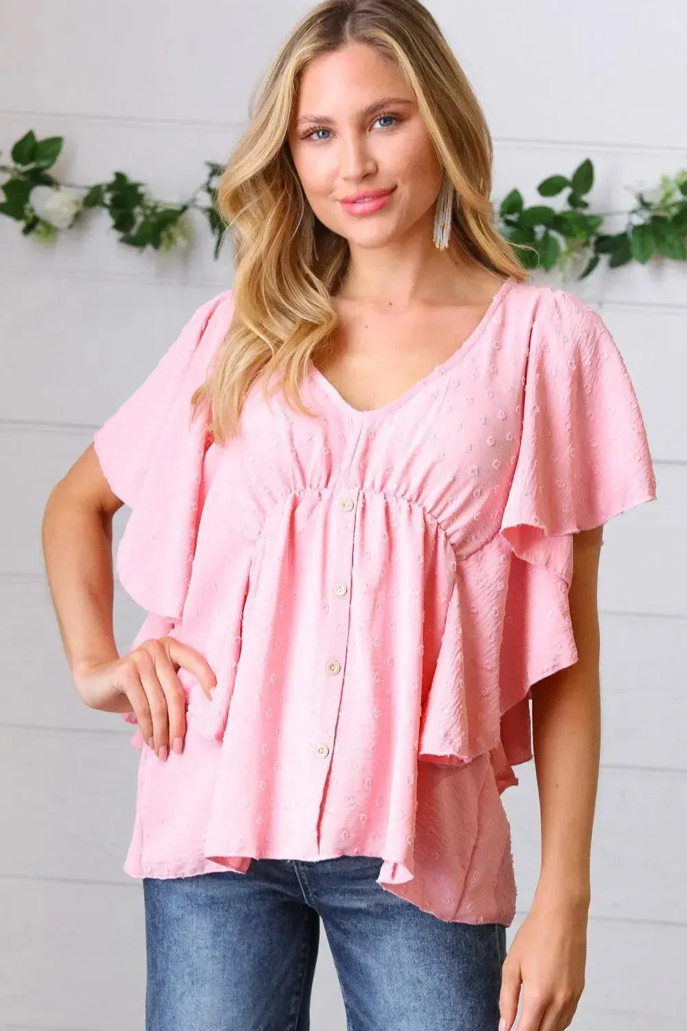 Soft Pink Swiss Dot Ruffle Woven Top-Evelyns Fashion