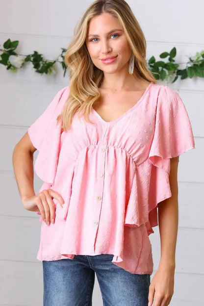 Soft Pink Swiss Dot Ruffle Woven Top-Evelyns Fashion
