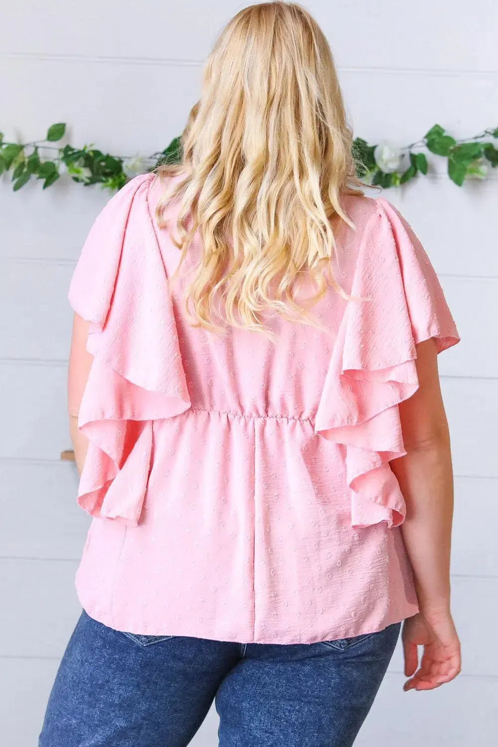 Soft Pink Swiss Dot Ruffle Woven Top-Evelyns Fashion