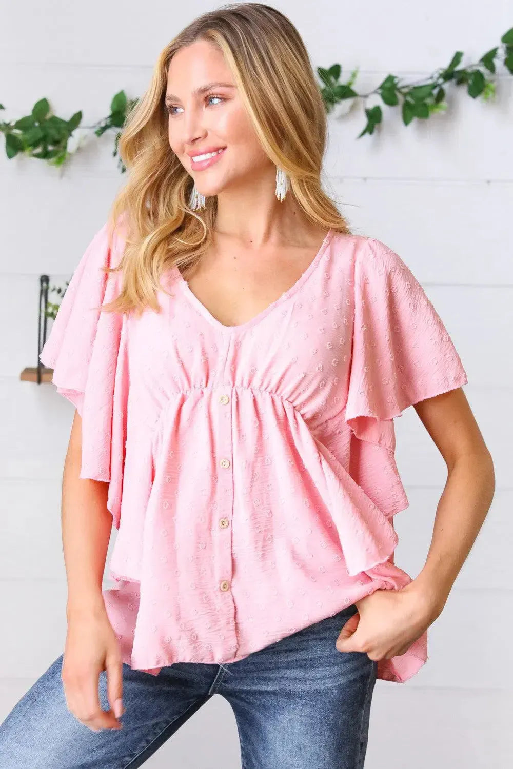 Soft Pink Swiss Dot Ruffle Woven Top-Evelyns Fashion