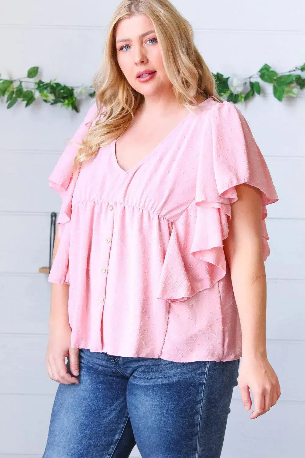 Soft Pink Swiss Dot Ruffle Woven Top-Evelyns Fashion